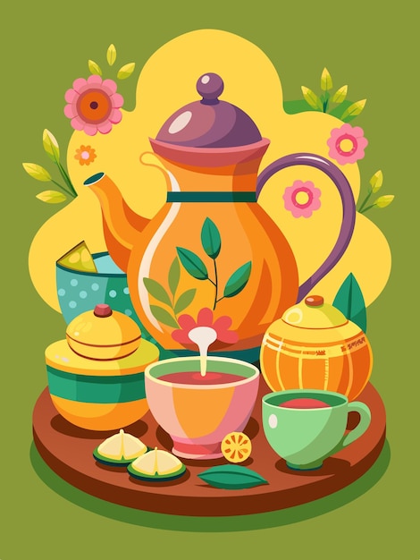 Vector a colorful picture of teapots and teapots with a green background