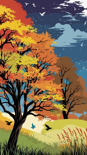 Vector a colorful picture of trees in autumn cartoon drawing artwork vector