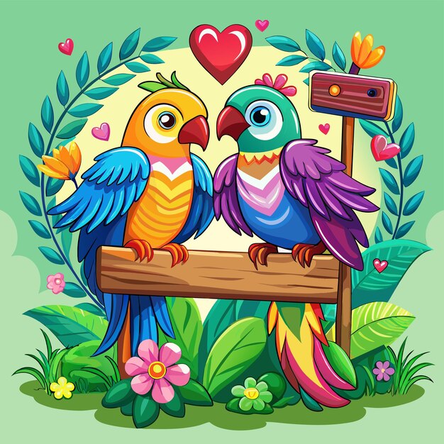 Vector a colorful picture of two colorful parrots on a sign that says love