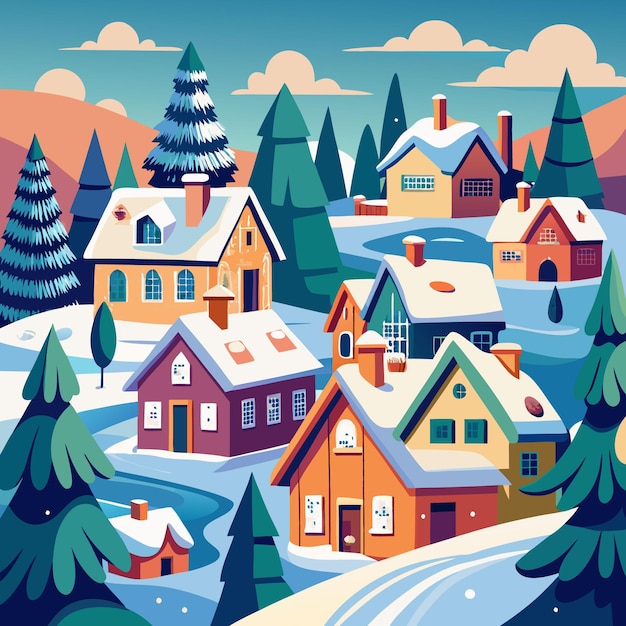 a colorful picture of a village with a snow covered roof