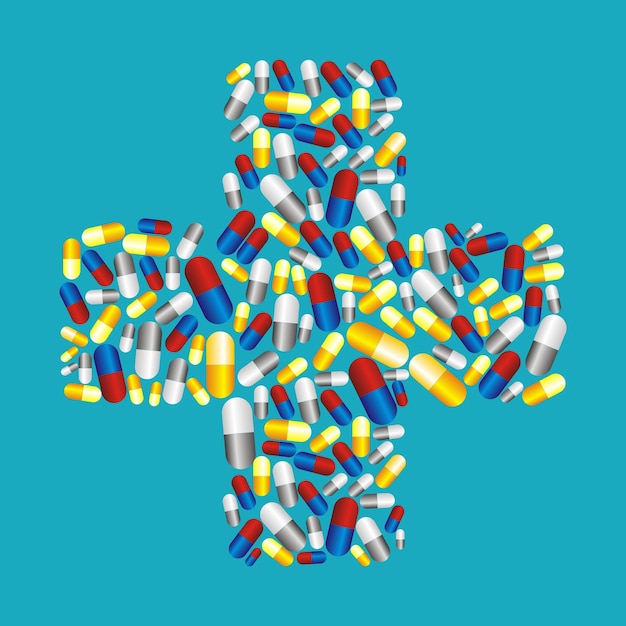 Colorful pills capsules icons in cross shape vector background Medicine health care symbols