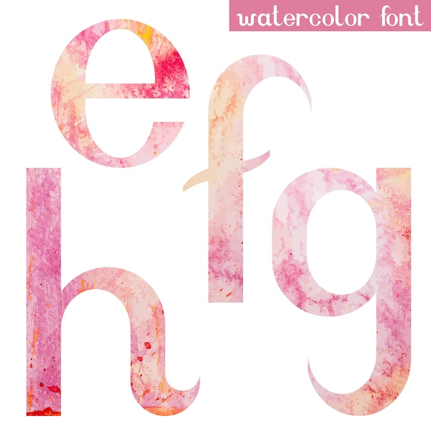 Colorful pink orange handmade watercolor paint alphabet letters E F G H - vector font set