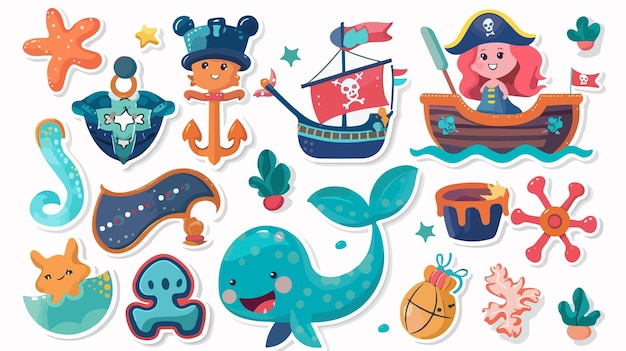 Colorful Pirate Sticker with Mermaid Patches for Design Projects