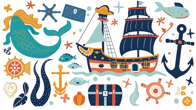 Vector colorful pirate sticker with mermaid patches for design projects