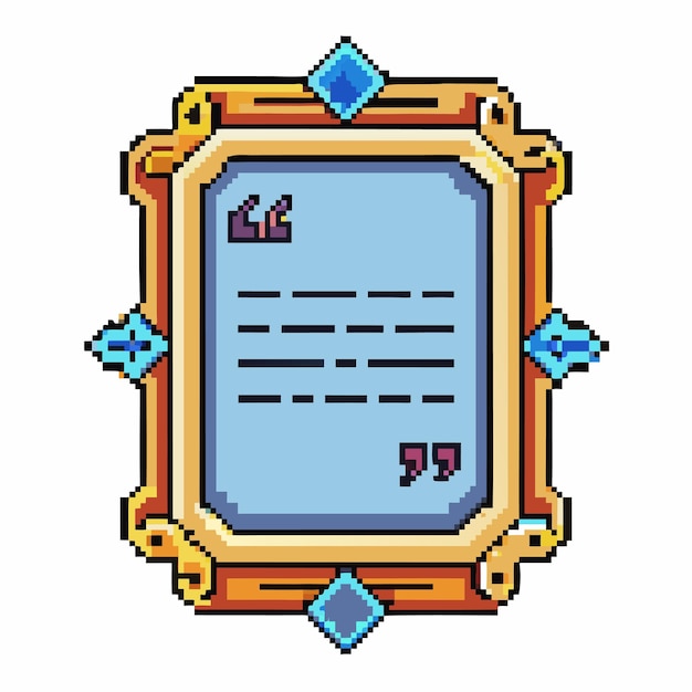 Colorful Pixel Art Frame with Gems and Quotation Marks in Retro Video Game Style