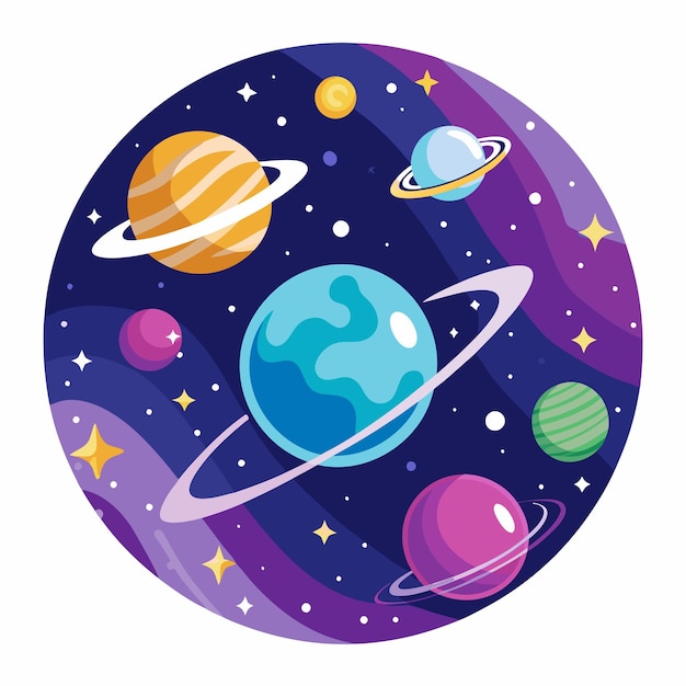 Vector colorful planets and stars in a circular space scene