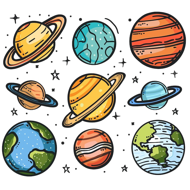 Colorful planets stars space cartoon illustration isolated white background Handdrawn style