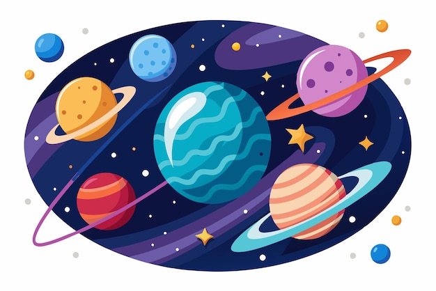 Vector colorful planets with rings in outer space