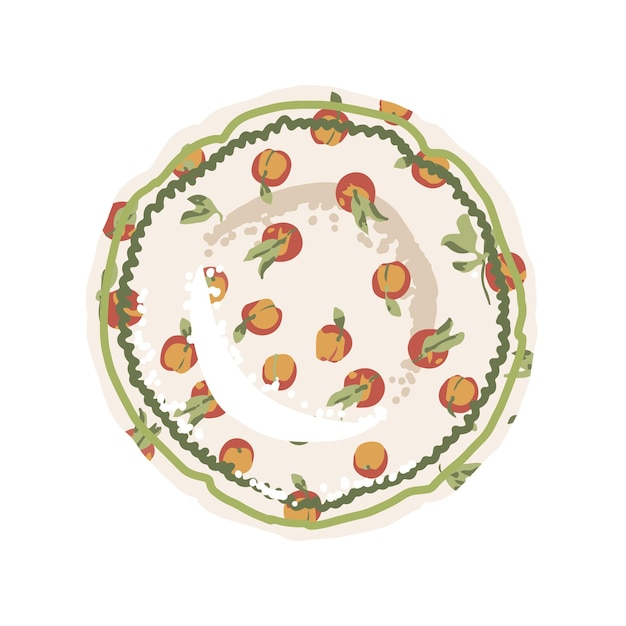 Colorful plate with hand drawn summer pattern elements such as peaches and leafs.