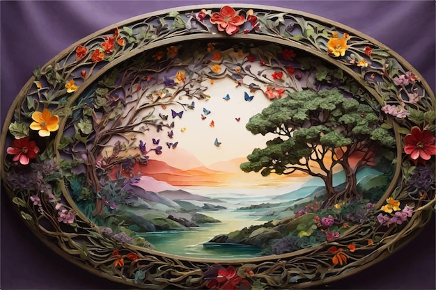 Vector a colorful plate with a painting of a tree and the word butterflies on it