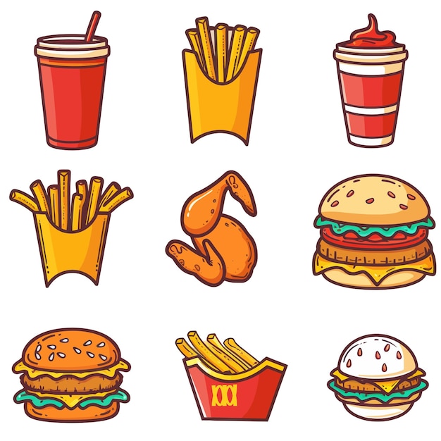 Colorful and playful vector illustration of cartoon fast food items including burgers fries amp soda