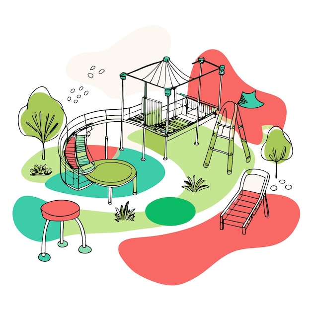 Vector a colorful playground featuring slides trampolines and climbing areas