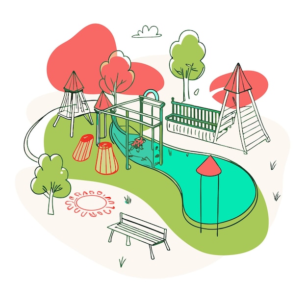 Vector a colorful playground scene with slides swings and greenery