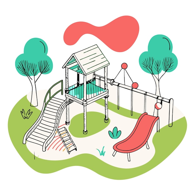 A colorful playground with a slide climbing structure and trees