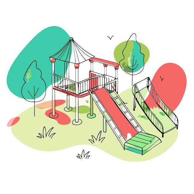 A colorful playground with a slide and climbing structure