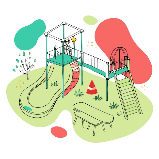 Vector a colorful playground with a slide stairs and seating area