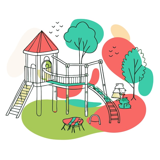 A colorful playground with a slide trees and picnic area