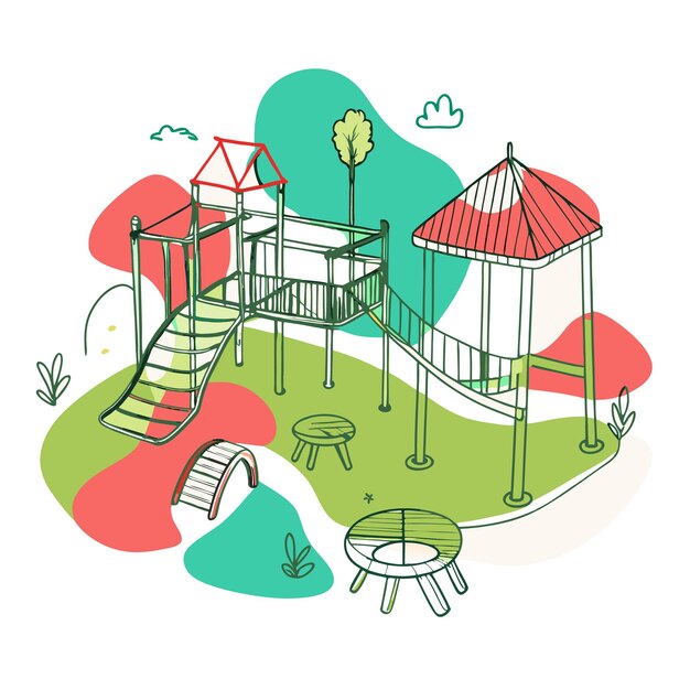 Vector a colorful playground with slides bridges and seating areas