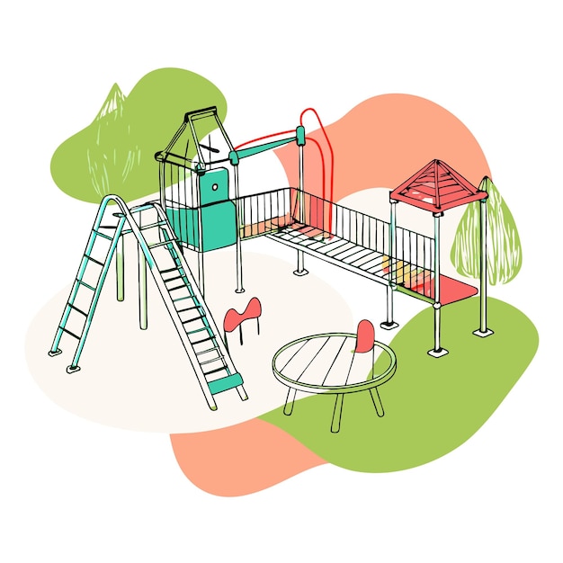 A colorful playground with slides climbing structures and seating