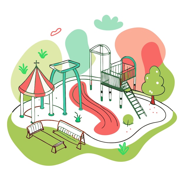 Vector colorful playground with slides swings and climbing structures