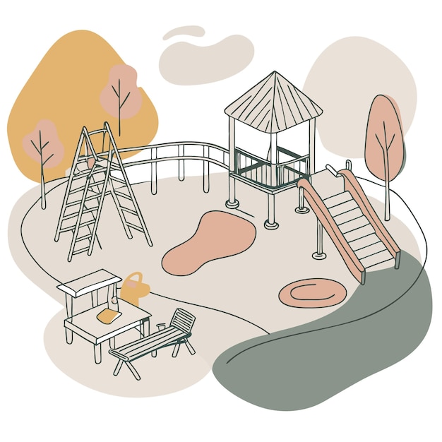 A colorful playground with slides swings and a picnic area