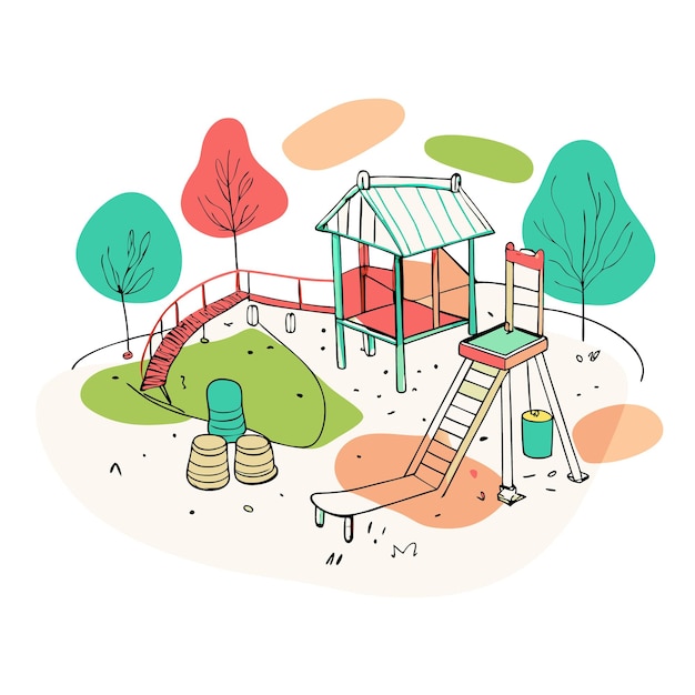 A colorful playground with slides swings and trees