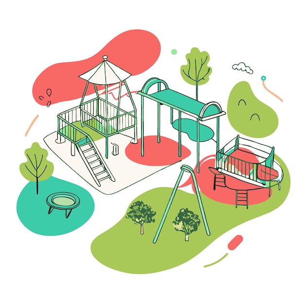 Vector a colorful playground with slides swings and trees