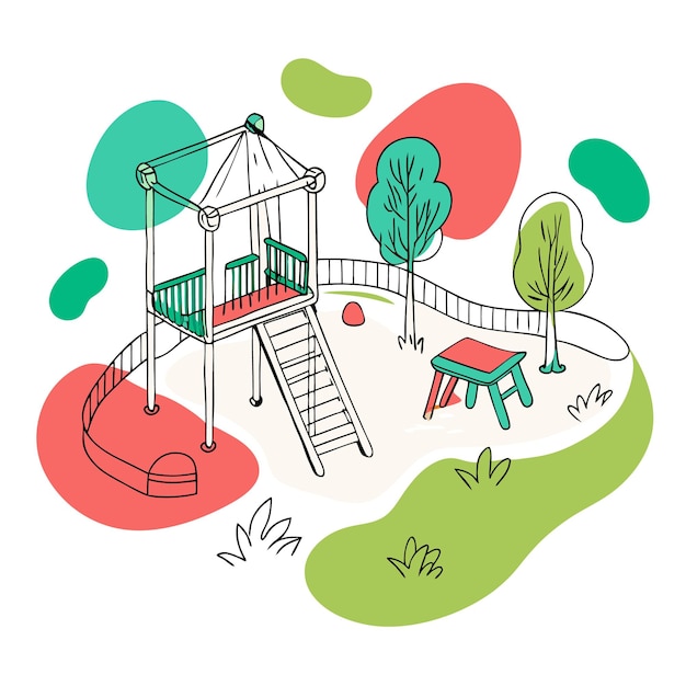 A colorful playground with slides trees and seating areas