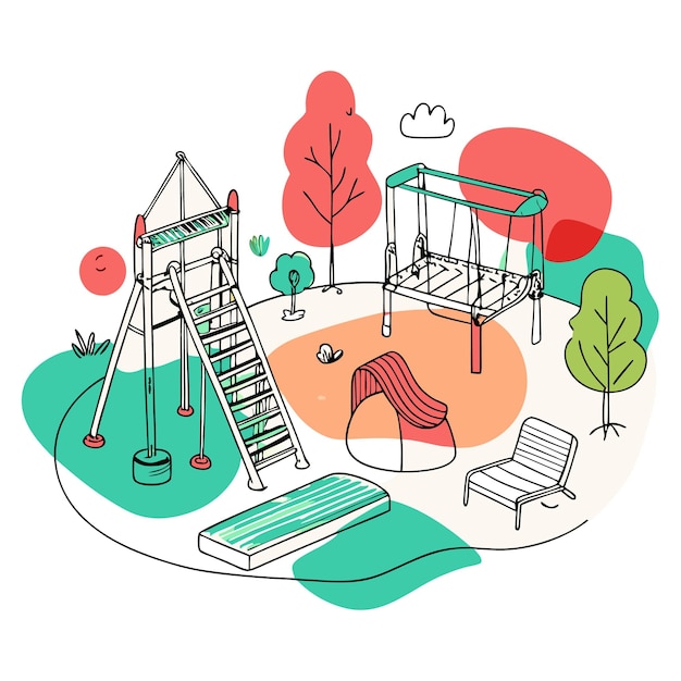 Vector a colorful playground with swings slides and seating areas