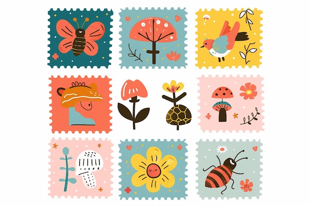 Vector colorful post stamps with cute features