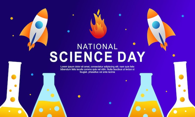 A colorful poster for national science day with rocket rockets and flames.