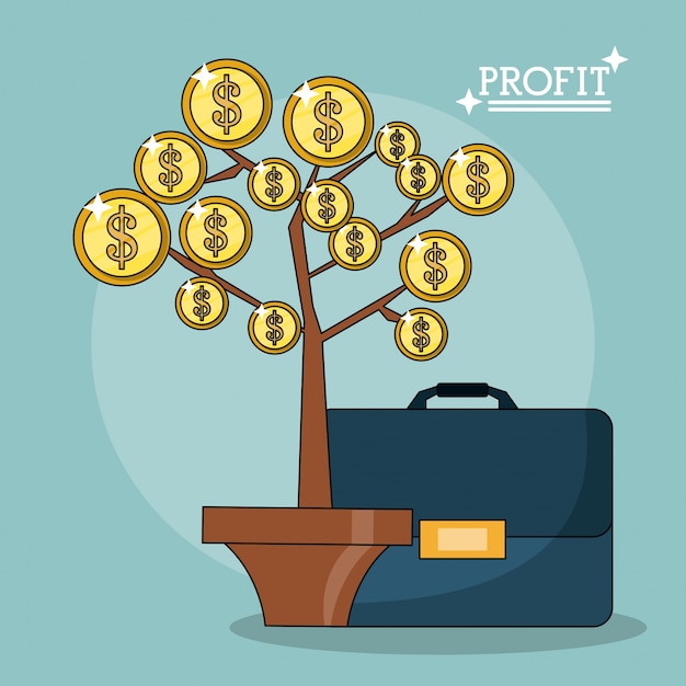 Colorful poster of profit plant with leaves in shape of coins and briefcase 