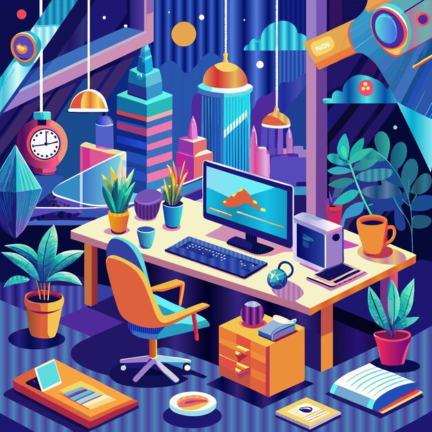 Vector a colorful poster of a room with a computer and a plant on it