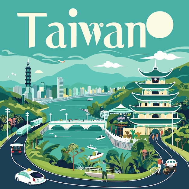 Vector a colorful poster of taiwan with a bridge and a river