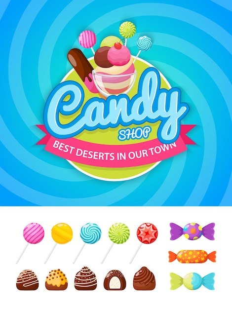 Colorful poster template with candies collection Food label with candies sweetmeats