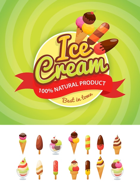 Colorful poster template with ice cream collection Food label with bright ice cream icons set