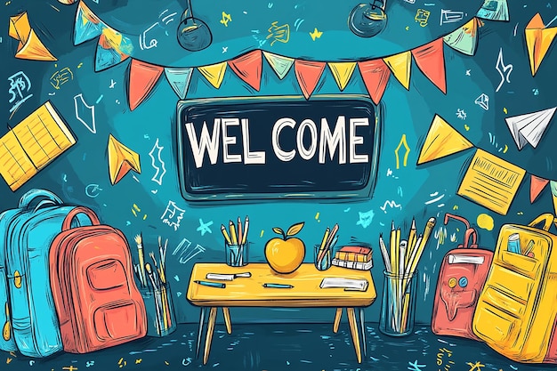 Vector a colorful poster with a chalkboard and a backpack on it says welcome