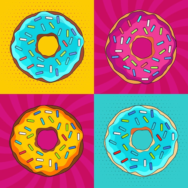 A colorful poster with donuts on it