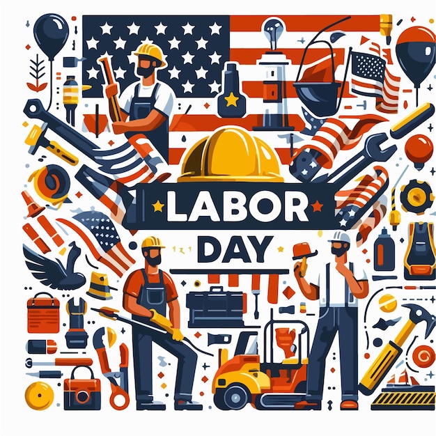 Vector a colorful poster with a man in a hard hat and a sign that says labor day