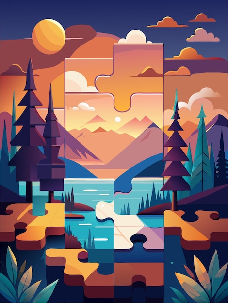 a colorful poster with a mountain landscape and trees