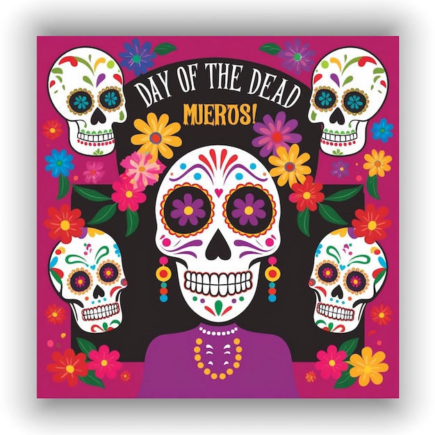 a colorful poster with skulls and flowers on it