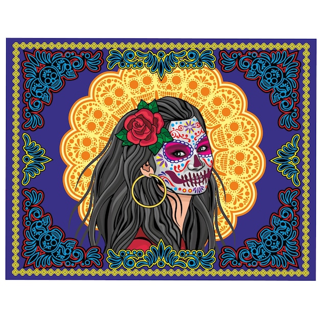 A colorful poster of a woman with a skull face and flowers on her head.