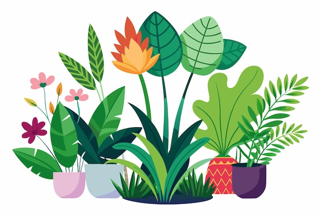 Vector colorful potted plants with green leaves and flowers