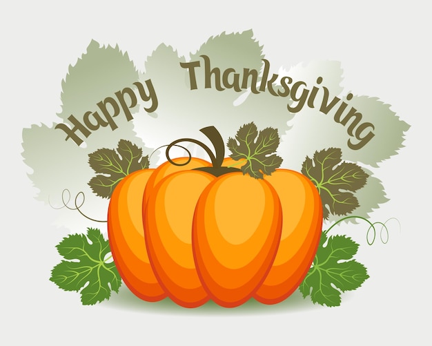 Colorful pumpkin with leaves, Happy Thanksgiving greeting card. Illustration, vector