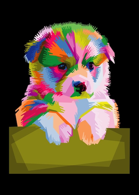 Colorful puppy carrying board on cool isolated pop art style background WPAP style