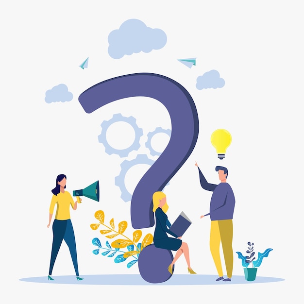 Colorful question vector illustration concept illustration of people often asked questions around question marks Rating for work in the form of stars metaphor