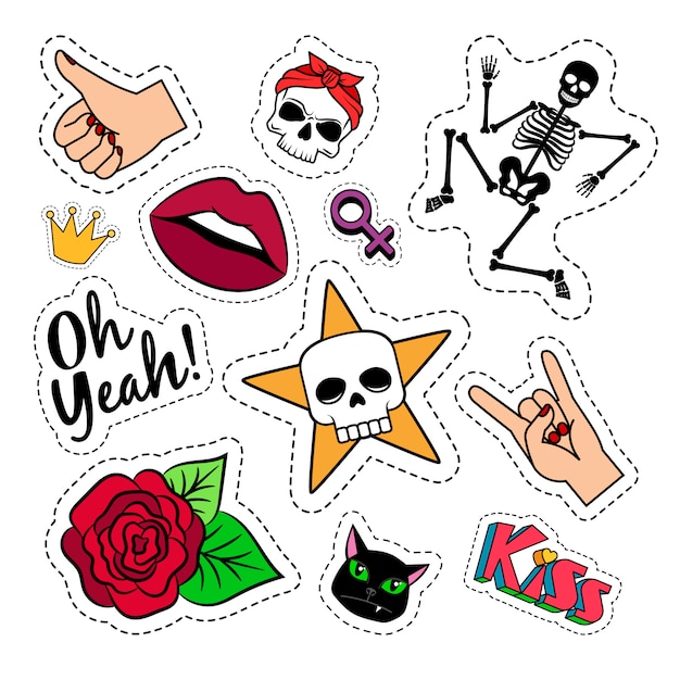 Colorful quirky funny patches with skeleton, rose, skull and lips on white background. Vector stickers set