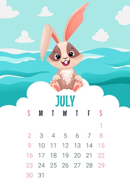 Colorful Rabbit calendar 2023 July Calendar page with little cute happy bunny for printing