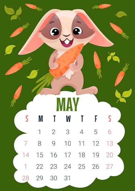 Colorful Rabbit calendar 2023 May Calendar page with little cute happy bunny for printing