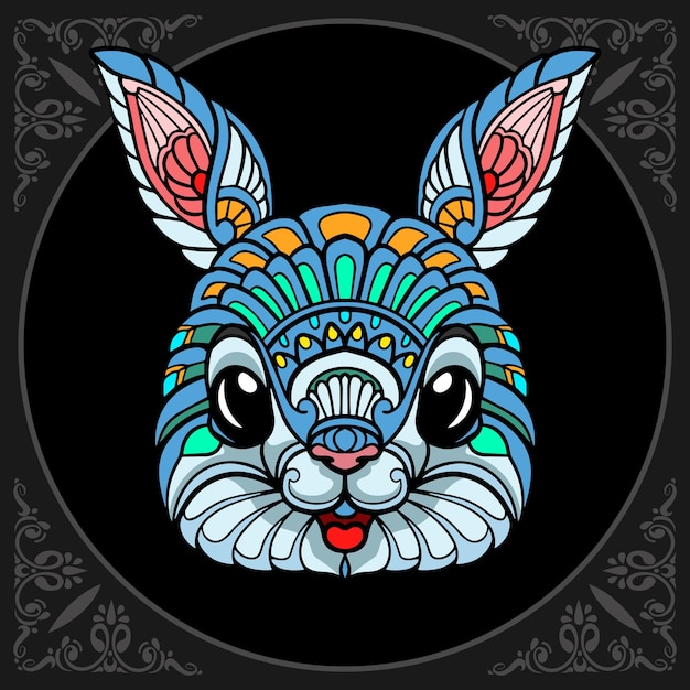 Colorful rabbit zentangle arts isolated on black background